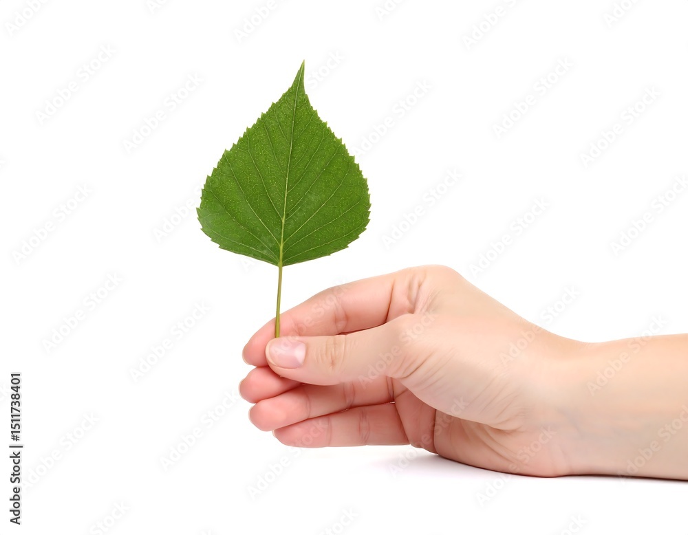 Green leaf held by hand