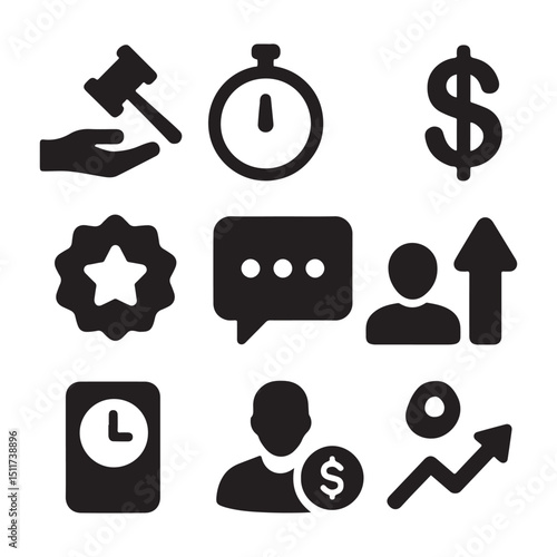Black and white flat auction icons bid stopwatch dollar arrow