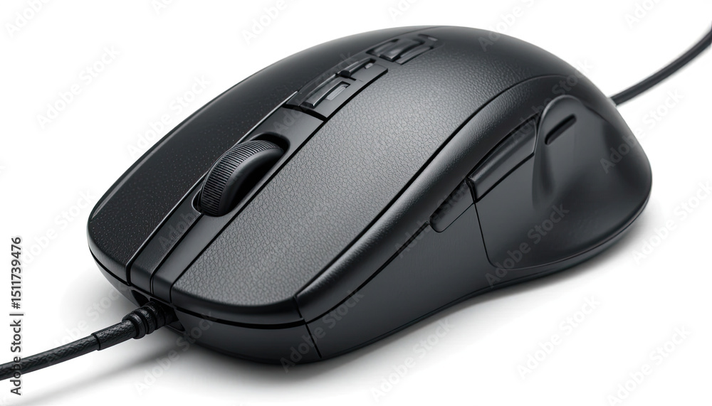 A close up shot of a black computer mouse on a white background A close up shot of a black computer mouse on a white background