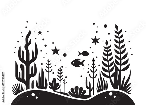 Underwater Scene Vector Silhouette with Sea Life Graphic Design