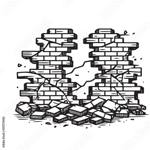 Broken Brick Wall Illustration Silhouette for Destruction Concept Design