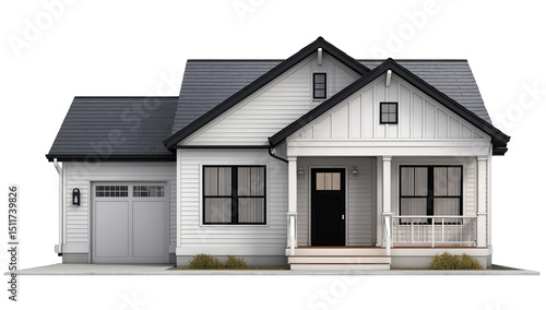 Front view of a modern farmhouse style house, featuring a white exterior, dark gray roof, and black trim