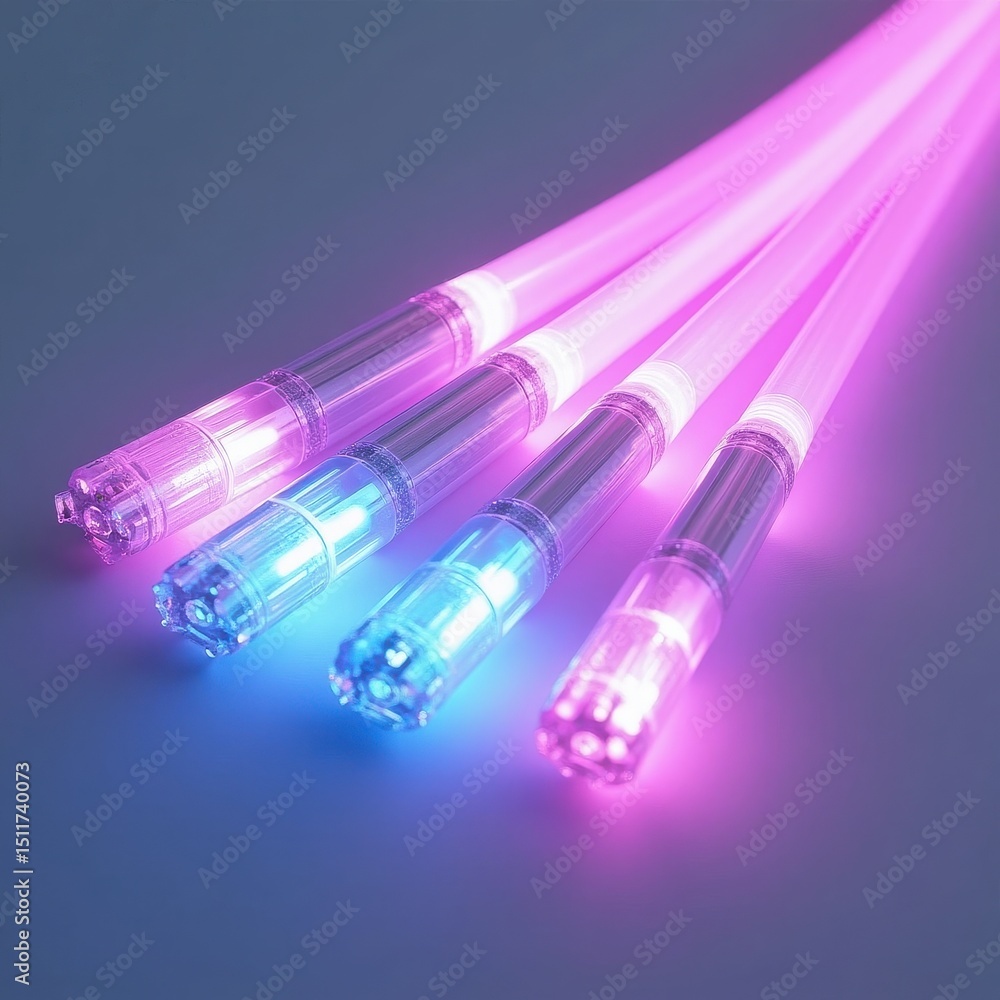 A futuristic bundle of glowing fiber optic cables A futuristic bundle of glowing fiber optic cables