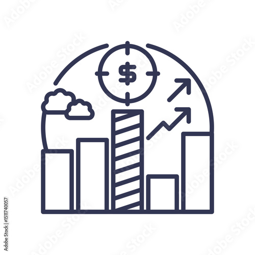 Bar chart with dollar sign and arrows symbolizes financial growth and performance analysis.