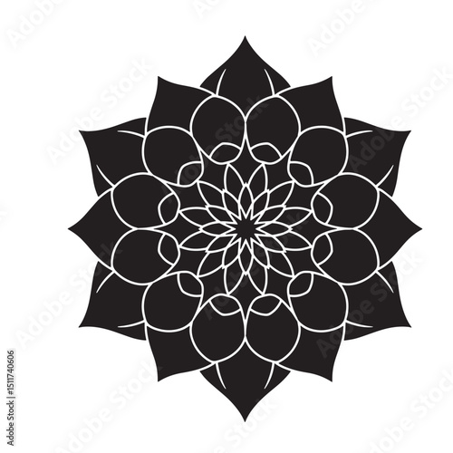Elegant black and white mandala design featuring intricate floral pattern and geometric details