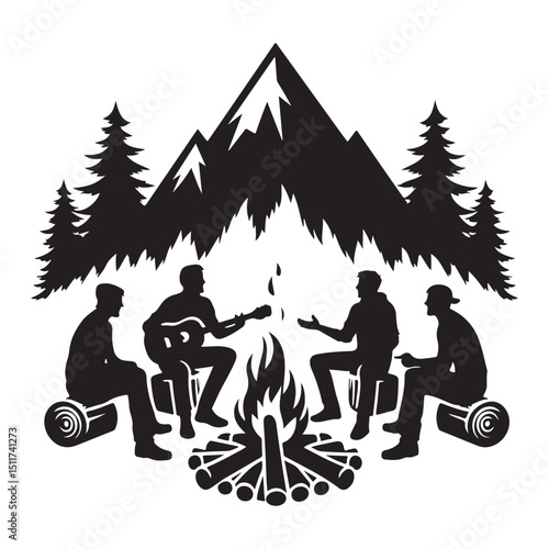 Campfire Friends Mountain Silhouette Vector Illustration for Outdoor Adventures