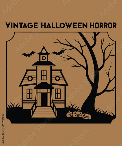 Vintage Halloween Haunted House with Bats and Pumpkins Illustration