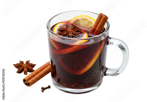 Fototapeta Naklejka Na Ścianę i Meble -  Isolated Festive Mug of Mulled Wine with Spices and Citrus