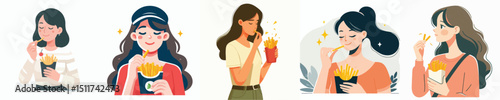 vector of a woman eating french fries