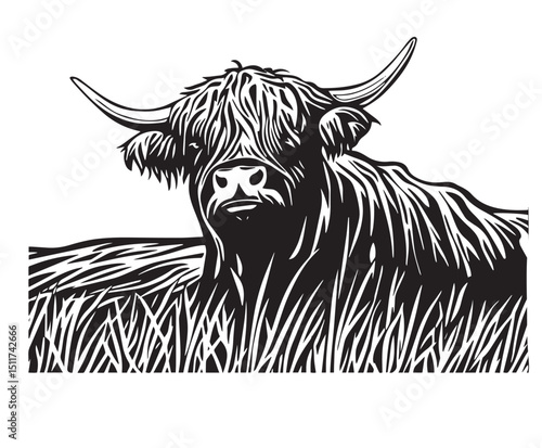 Quadro su tela Highland Cow Resting in Field - Black and White Vector Illustration