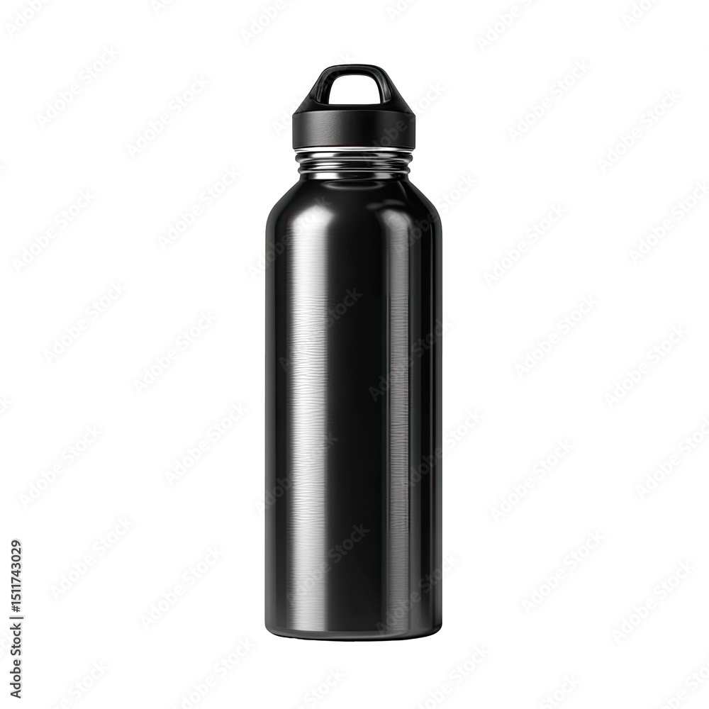 A sleek, cylindrical metal water bottle with a black finish and a simple, dark-colored screw-on cap. It's tall and narrow, appearing to be made of polished stainless steel A sleek, cylindrical metal water bottle with a black finish and a simple, dark-colored screw-on cap. It's tall and narrow, appearing to be made of polished stainless steel