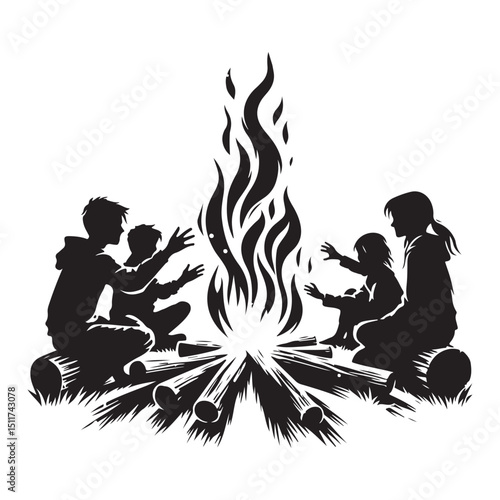 Cozy Campfire Silhouette Illustration Enjoying Outdoor Family Time Together