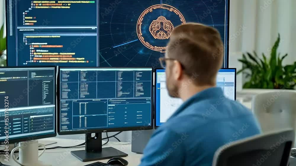 Male programmer or data analyst works at a multi-monitor computer setup ...