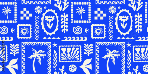 Vector hand drawn seamless pattern graphics with silhouette summer and vacation illustrations, print design template, tropical illustrations, frames and borders in simple trendy naive cut out style 