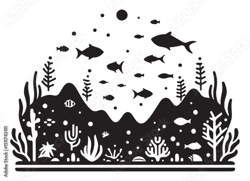Ocean Underwater Silhouette Illustration with Fish and Coral Reefs