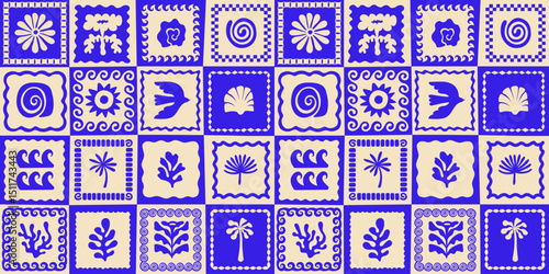 Vector hand drawn seamless pattern graphics with silhouette summer and vacation illustrations, print design template, tropical illustrations, frames and borders in simple trendy naive cut out style