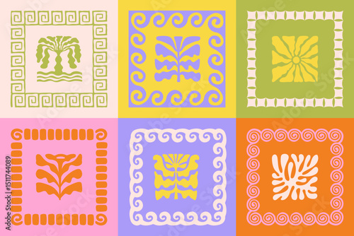Vector hand drawn graphics, print design templates, summer and vacation theme, tropical illustrations, frames and borders in simple trendy naive cut out style 