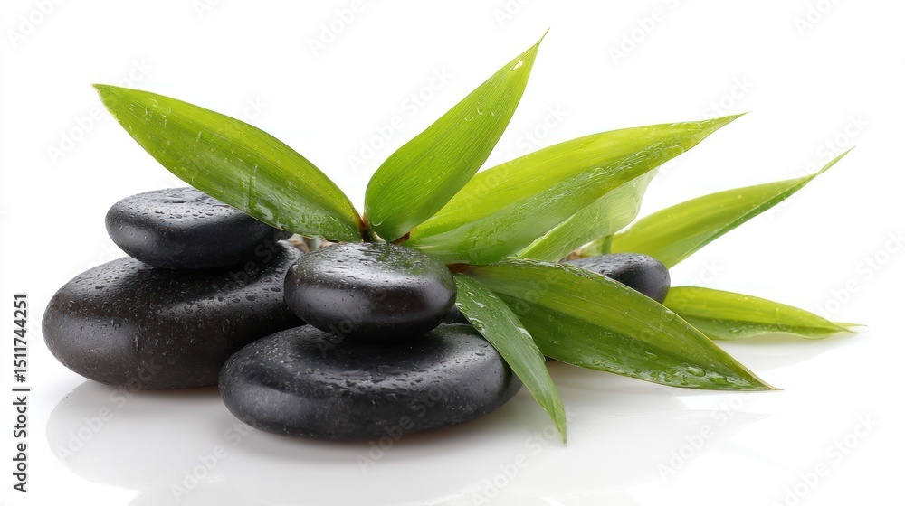 Obraz premium Black stones and green leaves arranged on a white surface.
