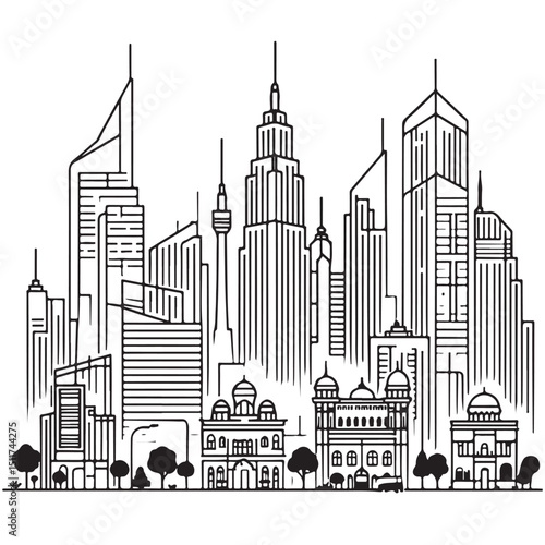Detailed Urban Skyline Cityscape Vector Illustration for Architecture Design