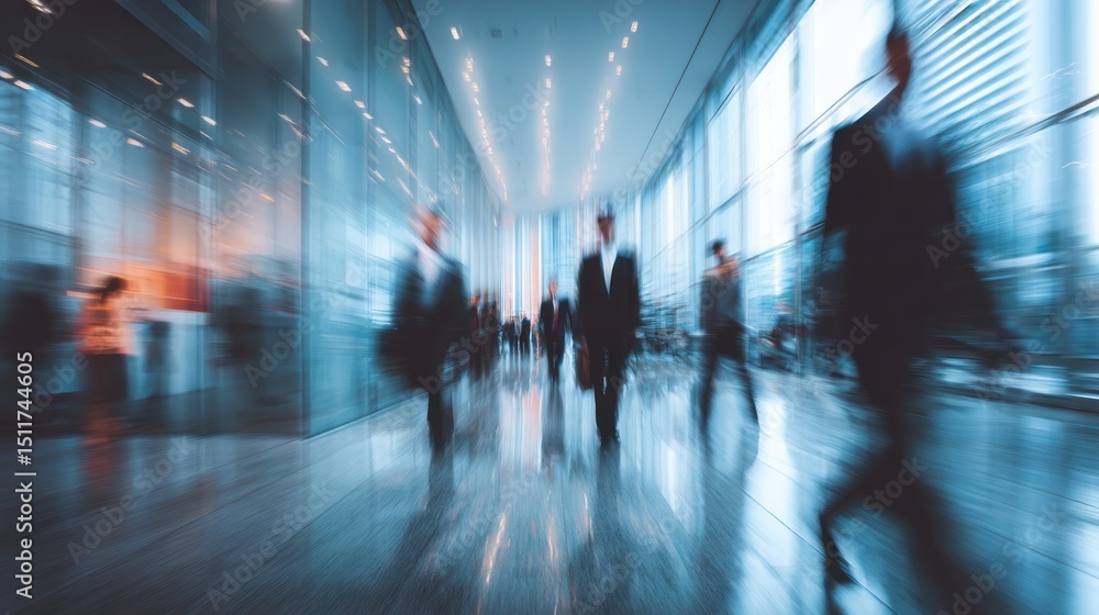 Blurred figures walk in a modern office building with glass walls and reflective floor. Blurred figures walk in a modern office building with glass walls and reflective floor.