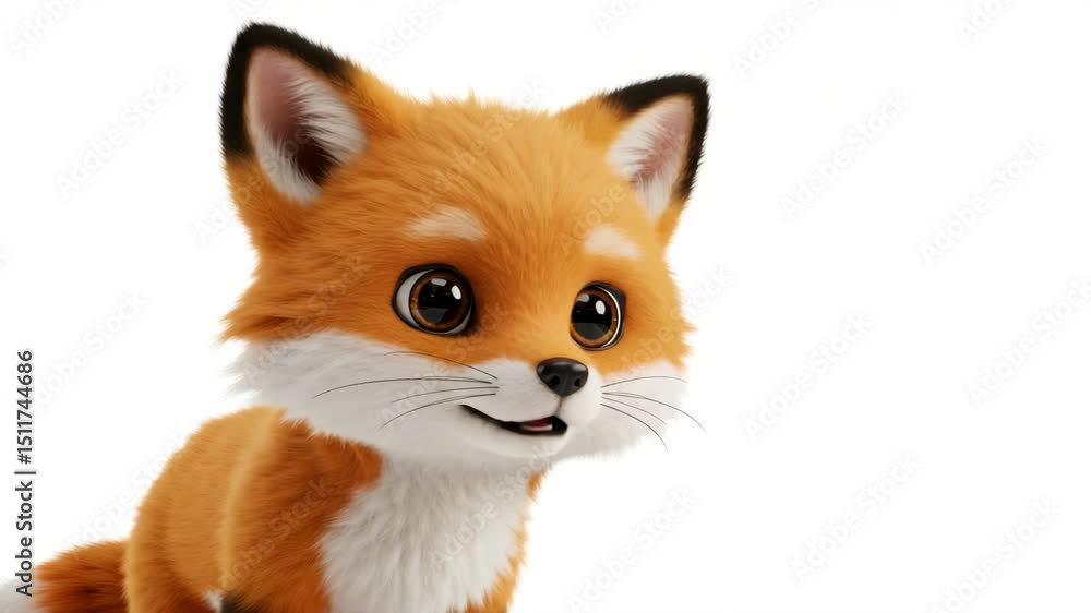 A fluffy cartoon fox with big, bright eyes looks towards the camera against plain white background. copy space