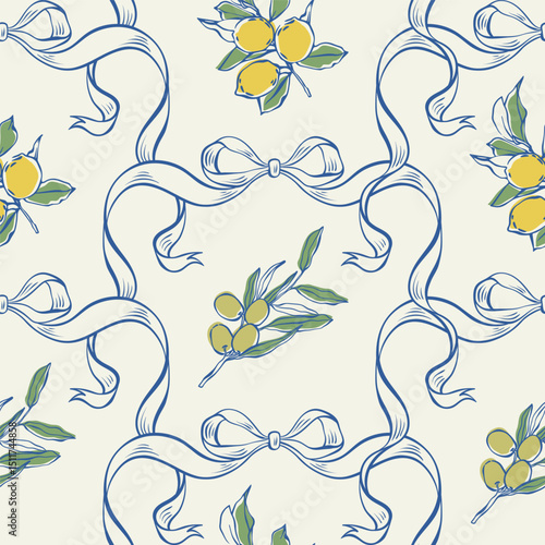 Mediterranean seamless pattern with lemons, olives and ribbons. La dolce vita summer background with hand-drawn lemons, olives, and elegant blue ribbon bows for fabric, wrap, packaging, card, decor.