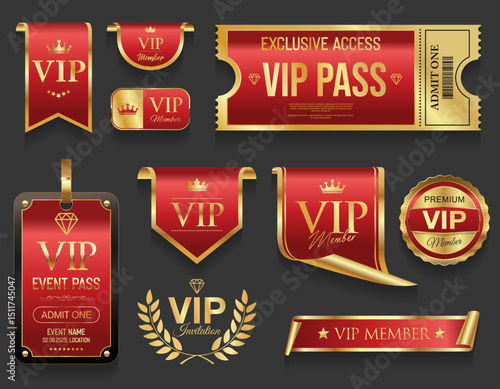 VIP member gold and red luxury label premium quality certificate ribbons vector illustration 