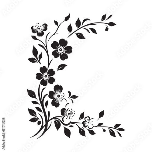 Floral Silhouette Corner Ornament Vector Design with Delicate Blossoms