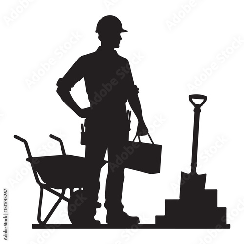 Construction Worker Silhouette Vector Graphic with Tools and Equipment