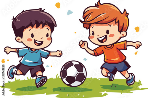 Playful cartoon kids on a field, all smiles, kicking a soccer ball in a fun team sport.