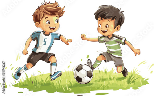 Cartoon illustration of kids playing soccer with a ball on a field,.