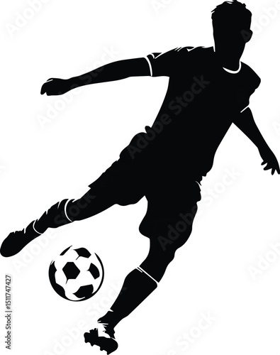 Dynamic vector silhouette of a soccer player kicking a ball, perfect for illustrating athletic action and team sport.