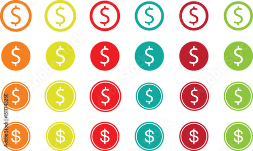 Colorful Dollar Icons Set – Flat Design Money Bag and Coin Symbols.