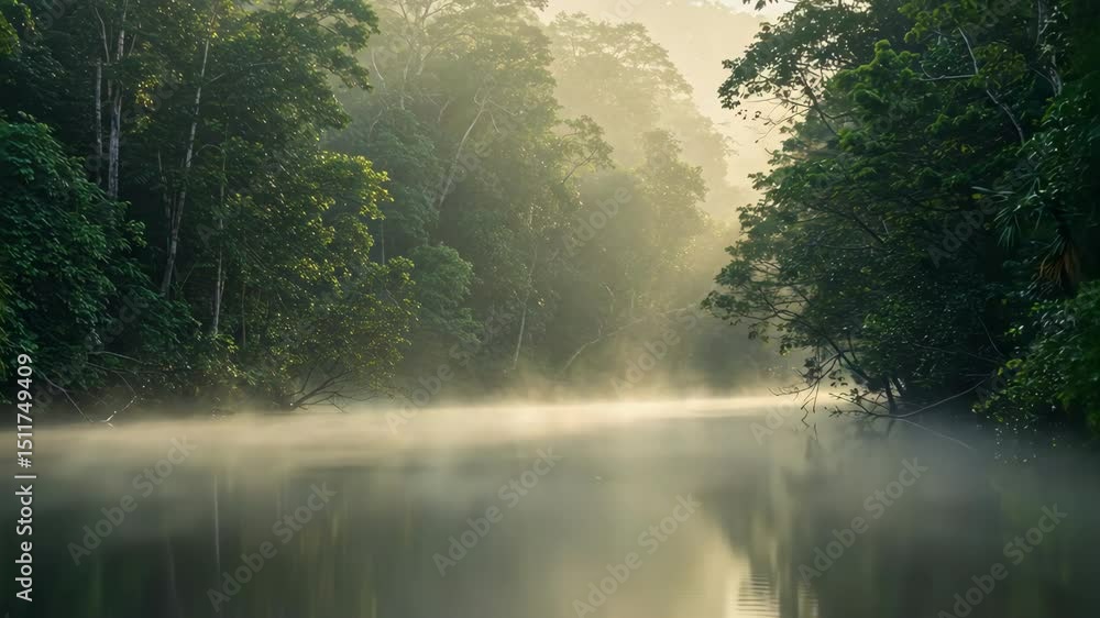Misty lake scene reflecting trees in a tranquil forest landscape. Misty lake scene reflecting trees in a tranquil forest landscape.
