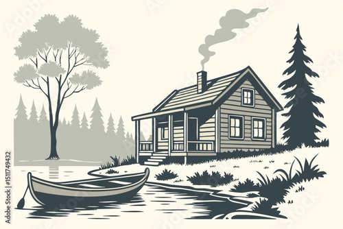 Lakeside cabin with fishing boat scenic summer illustration