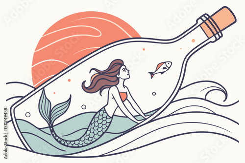 Mermaid in a message bottle ocean themed vector illustration
