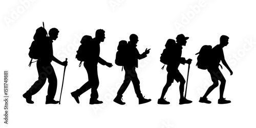 Backpacker Silhouettes.Hiking Evolution: Silhouette Progression of a Hiker.A series of black silhouettes depicting the evolution of a hiker's style and preparedness.