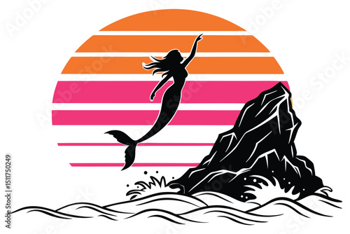 Retro camper van at the beach with mermaid illustration