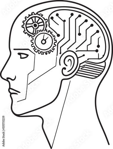 Brain gear concept illustration of human head silhouette for creative thinking and intelligence