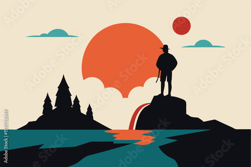 Dramatic fisherman standing on rock by waterfall