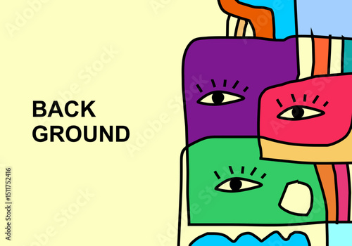 A modern abstract cubist illustration featuring stylized human faces with expressive eyes