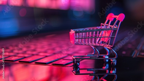 Miniature shopping cart on a laptop keyboard, vibrant pink and blue lights
