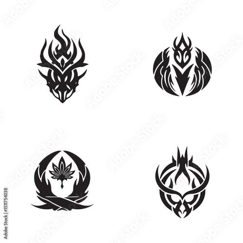 Set of four decorative black silhouette tribal design elements for logo designs and emblems