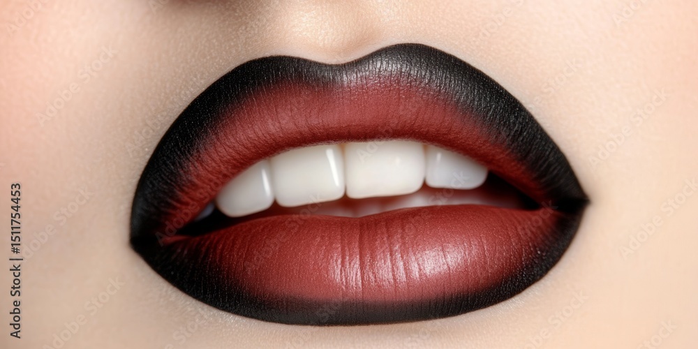 Fototapeta premium Close Up Red And Black Lipstick, Perfect Ombre Lips Makeup Idea. Beauty And Fashion Photography