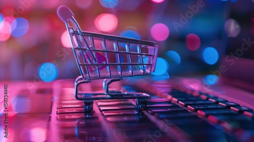 Miniature shopping cart on a laptop keyboard, vibrant neon lighting