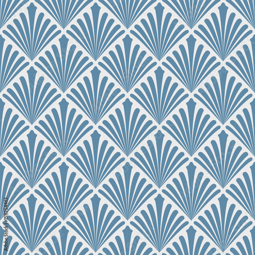Blue Art Deco Fan Seamless Pattern Wallpaper Design. Geometric decorative with abstract elements. Retro background.