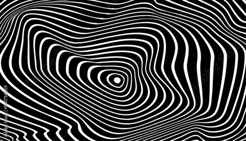 3D optical Illusion. Psychedelic black and white striped circles line pattern. Abstract geometric wavy curve background. Hypnotic op art style background wave. Vector design