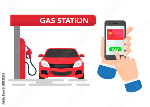 Hand Making Payment by Smart Phone at Gas Station. Refueling Car Concept. stock illustration