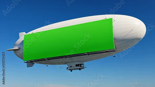 Airship blimp with green screen panel in a bright blue sky.