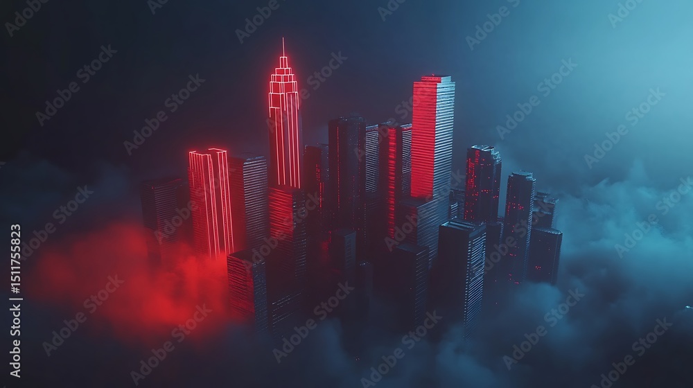 Obraz premium Futuristic city, neon light, clouds